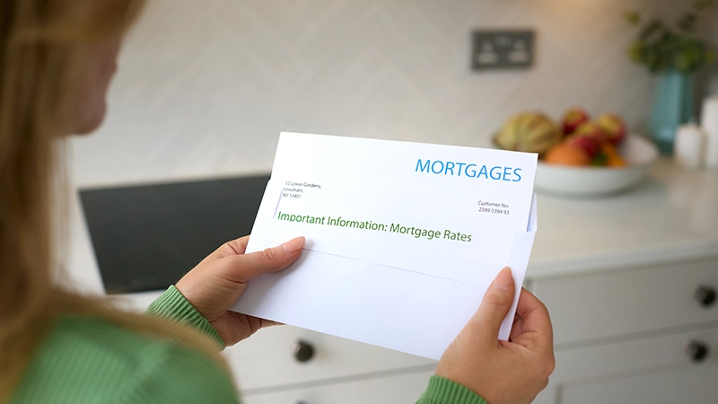 Woman opening letter about increase in mortgage rate during cost of living crisis.