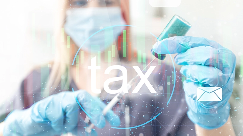Doctor using innovative virtual touch screen presses tax button healthcare network on internet panel medicine.