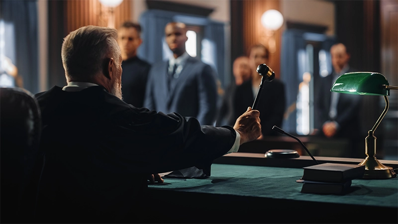 Honorable male judge ruling out a decision in a civil family case, striking gavel to close hearing.