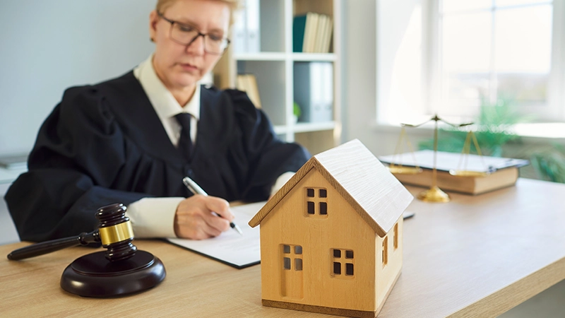Female judge in black robe writing and reviewing house jurisprudence documents at courtroom desk, examining legal settings on property registration law.