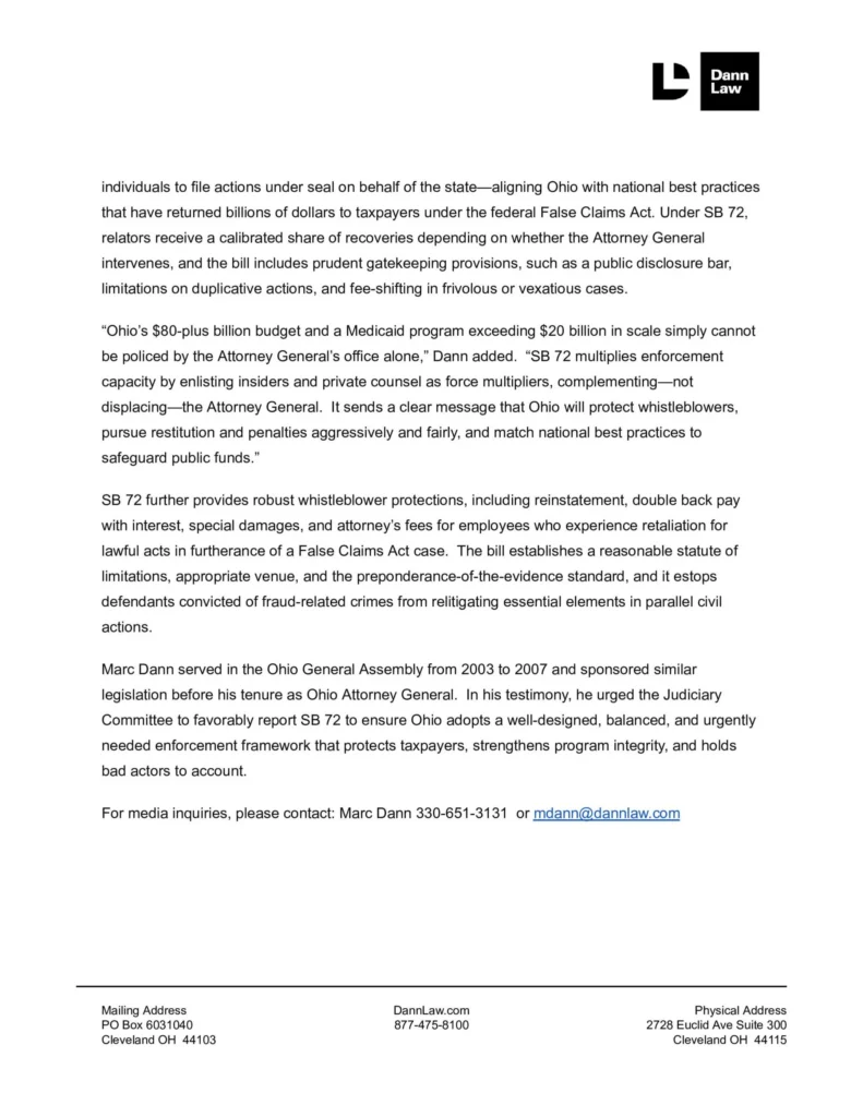 Former Ohio Attorney General Marc Dann Urges Passage of SB 72, the Ohio False Claims Act, to Combat Waste, Fraud, and Abuse