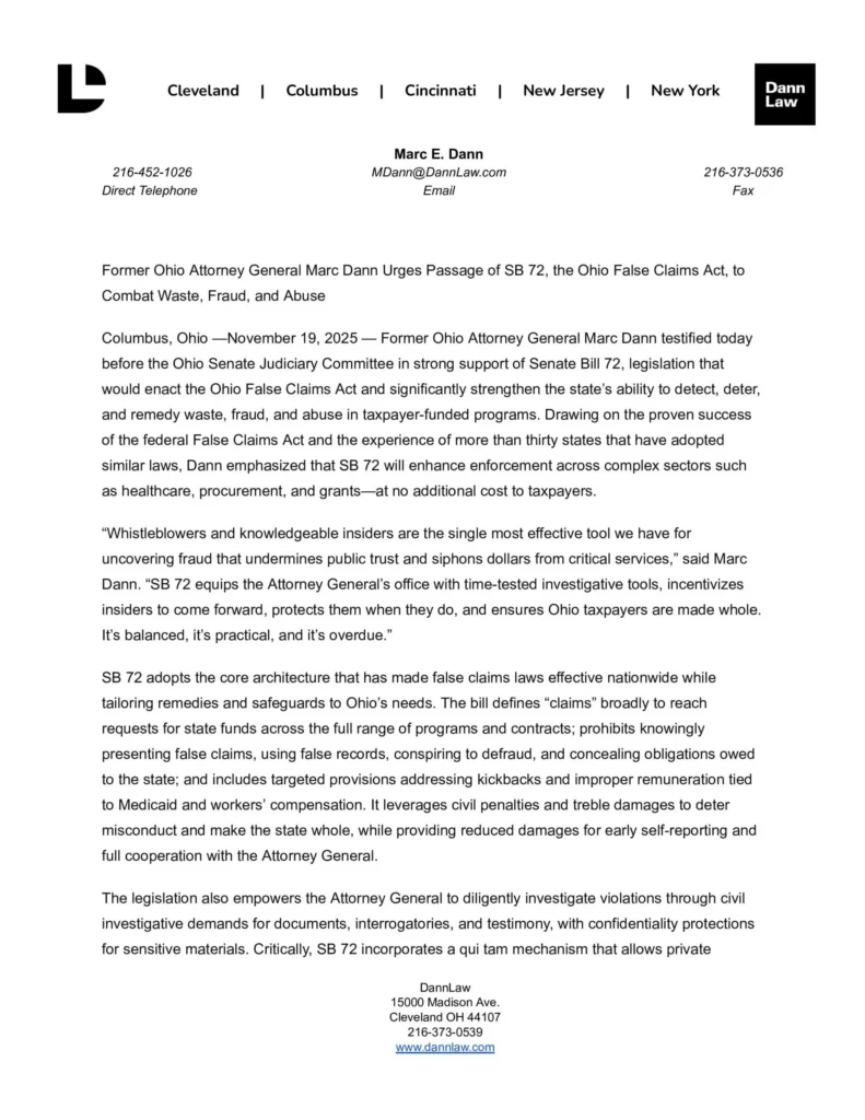 Former Ohio Attorney General Marc Dann Urges Passage of SB 72, the Ohio False Claims Act, to Combat Waste, Fraud, and Abuse