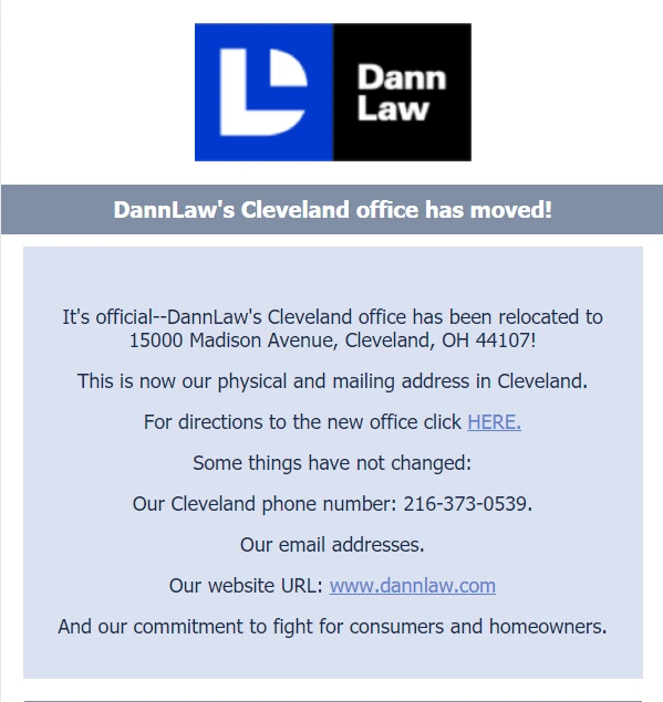It’s Official, Dannlaw’s Cleveland Office Has Moved to 15000 Madison Avenue, Cleveland, Ohio 44107