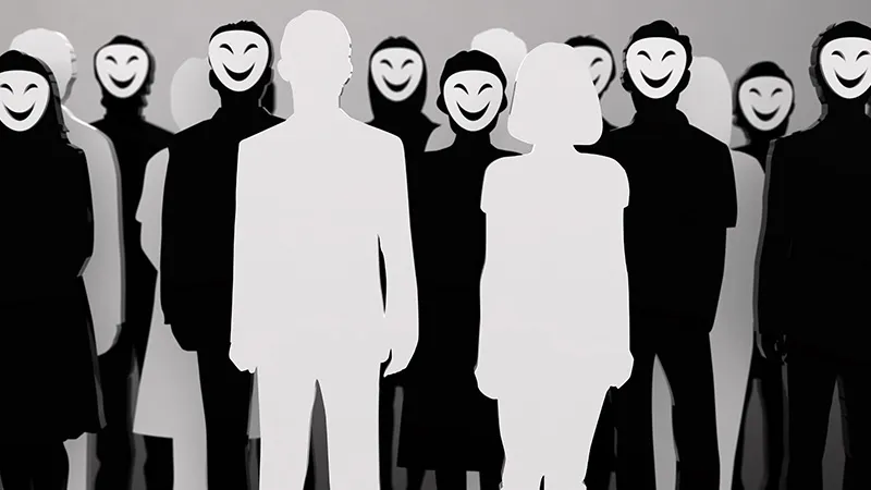 Silhouette of multiple criminals lurking among the masses.